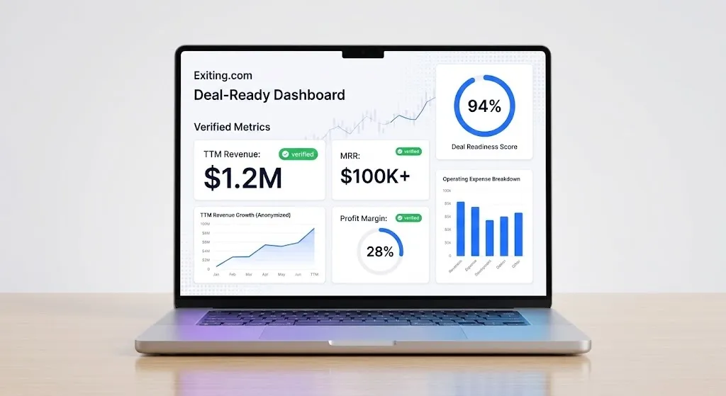 A deal-ready dashboard on a laptop: revenue, recurring revenue, profit margin and a readiness score in one view
